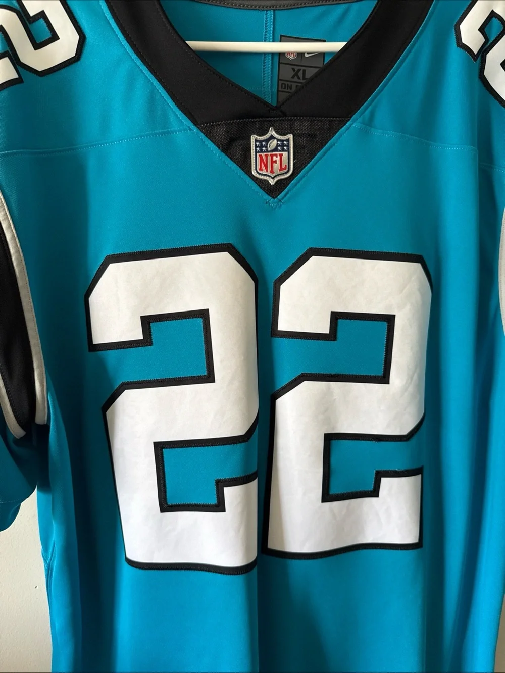 Carolina Panthers #22 Teal NFL Jersey with Keep Pounding Collar